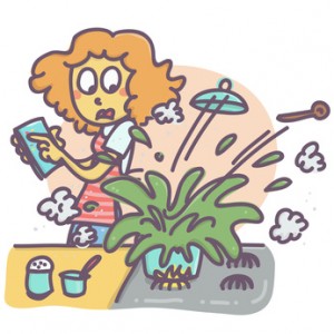 Funny vector cartoon of woman in kitchen and exploding pot