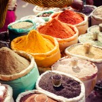 Traditional spices and dry fruits in local bazaar in India.